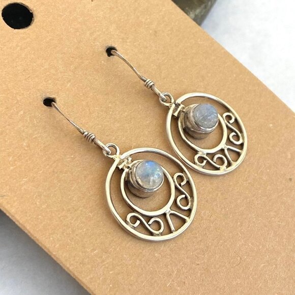 Sterling Silver 925 Round Moonstone Cabochon Round Scrollwork Dangle Earrings - Picture 4 of 16